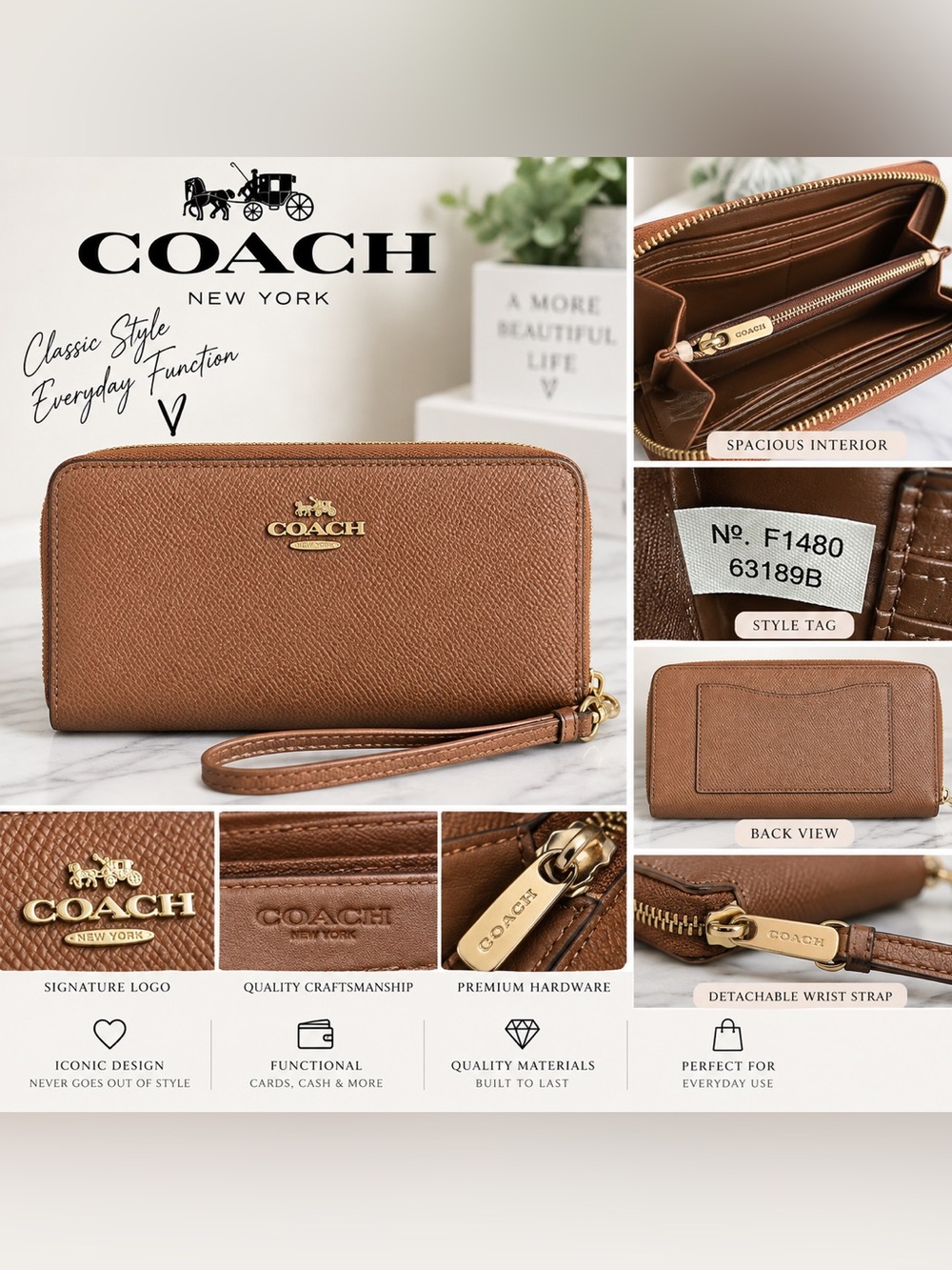 Coach Crossgrain Leather Zip Around Wallet Wristlet Brown Gold 63189B